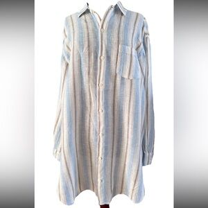 CP Shades Romy Linen Tunic Shirt Light Blue & Brown Stripe Relaxed Fit Size L
